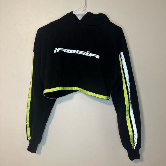 I.am.Gia Mercury Striped Cropped Hoodie Black Neon Reflective Oversized sz S - Picture 2 of 5